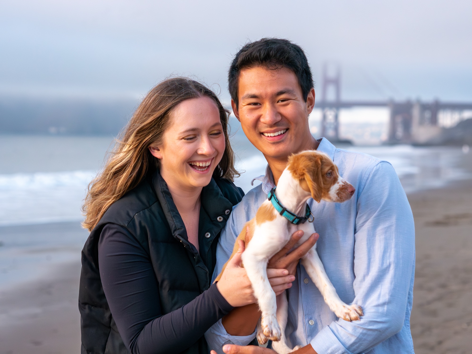Puppy at Baker Beach with Golden Gate Bridge